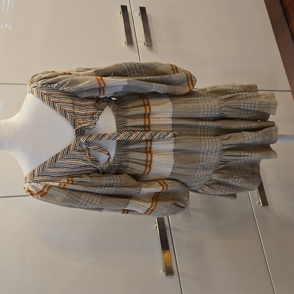 Free People Boho Cottage Praire Striped Peasant Dress Black Tan Size XS - Picture 5 of 12